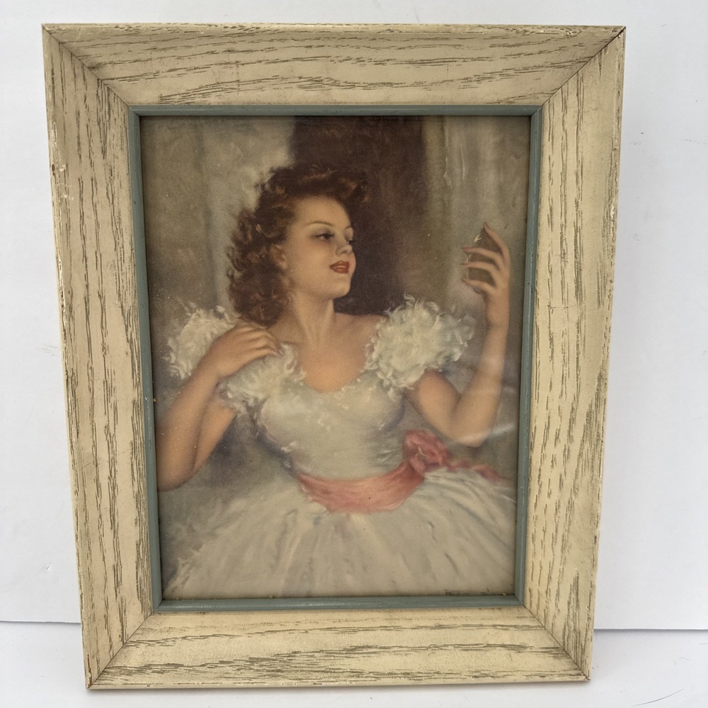 Vintage 1940s Glamour Lady Boudoir Portrait Print Framed Mid Century